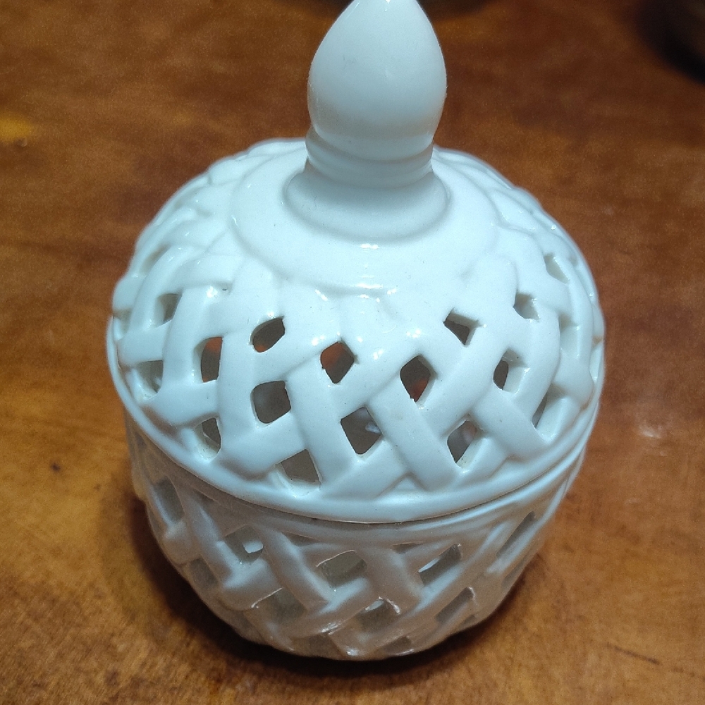 White Lidded Ceramic Trinket Jar with Lattice Cutouts